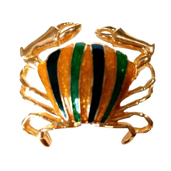Whimsy Crab Pin Brooch Gold Tone Blue Green Shimmer Enamel Summer Fash Figural - Picture 7 of 7